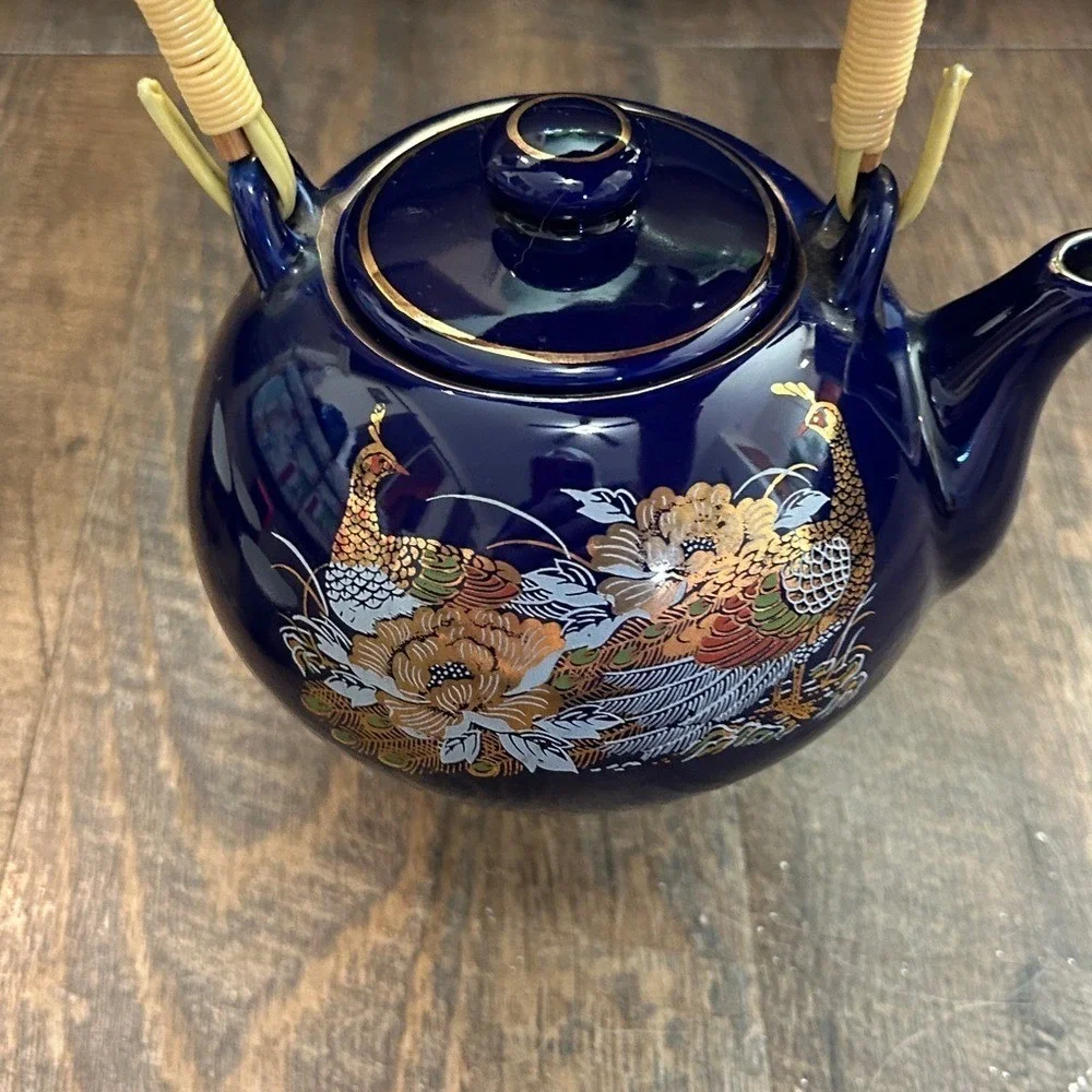 Vintage Blue Asian Porcelain Teapot/Lid Wrapped Handle Gold Pheasant 3 Cups